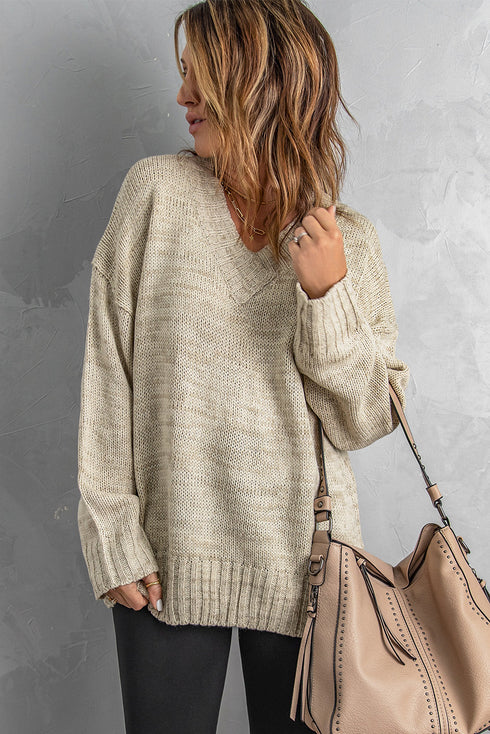 V Neck Drop Shoulder Knitted Sweater